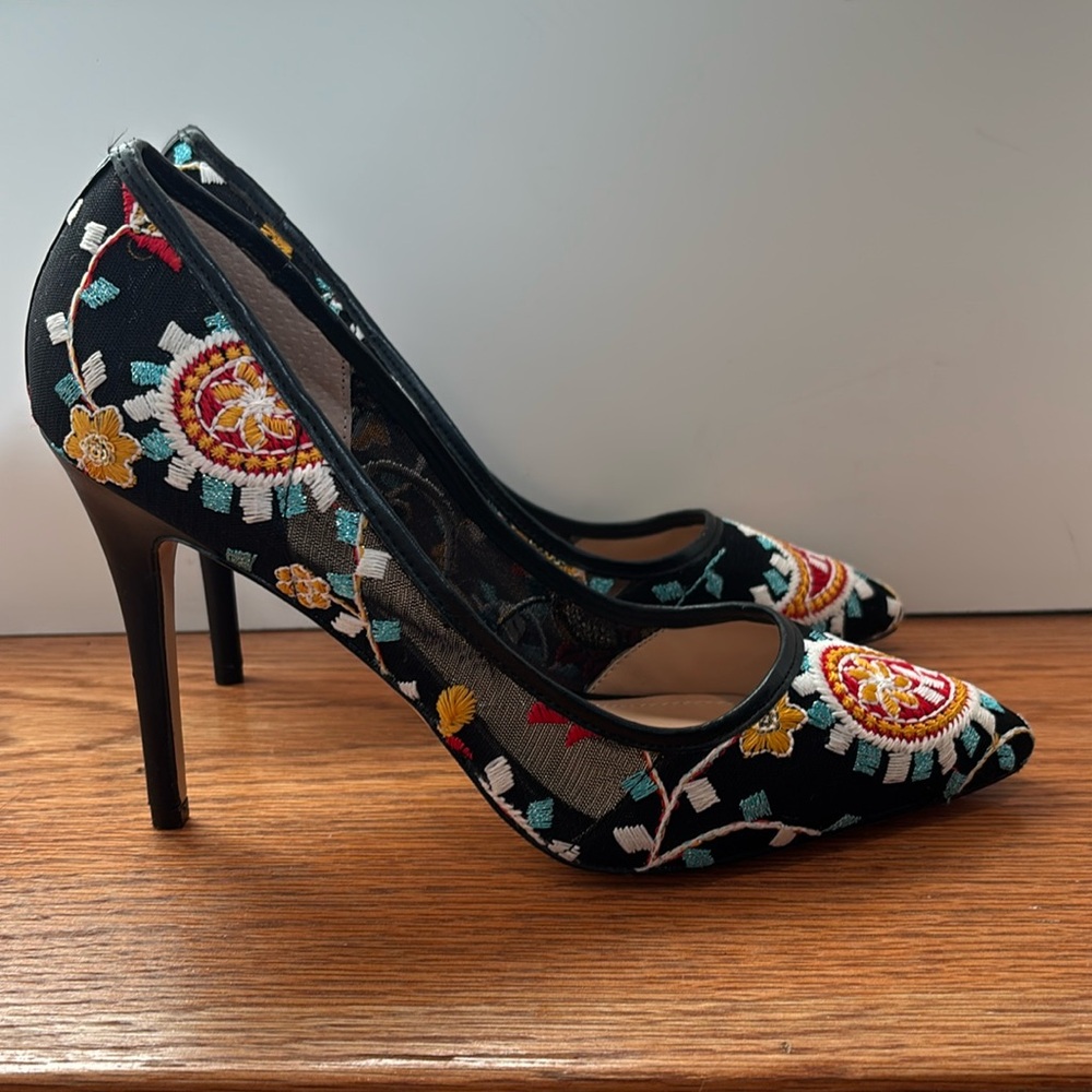 Neiman Marcus Prestige embroidered floral, mesh, & leather stiletto heels